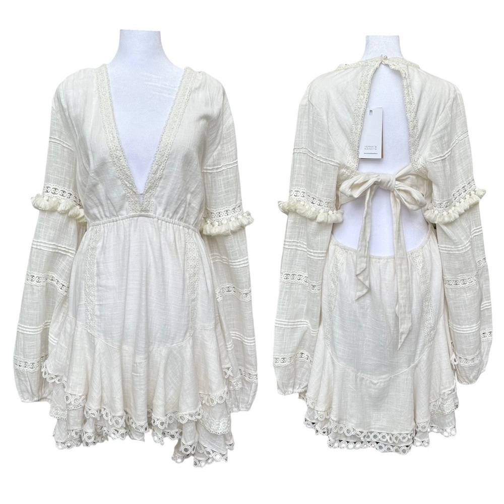 Hemant & Nandita Boho Ruby Long Sleeve Mini Dress White XL - Picture 3 of 8